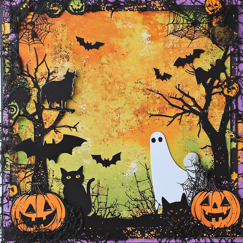 Halloween scrapbook with spooky elements and playful colors.