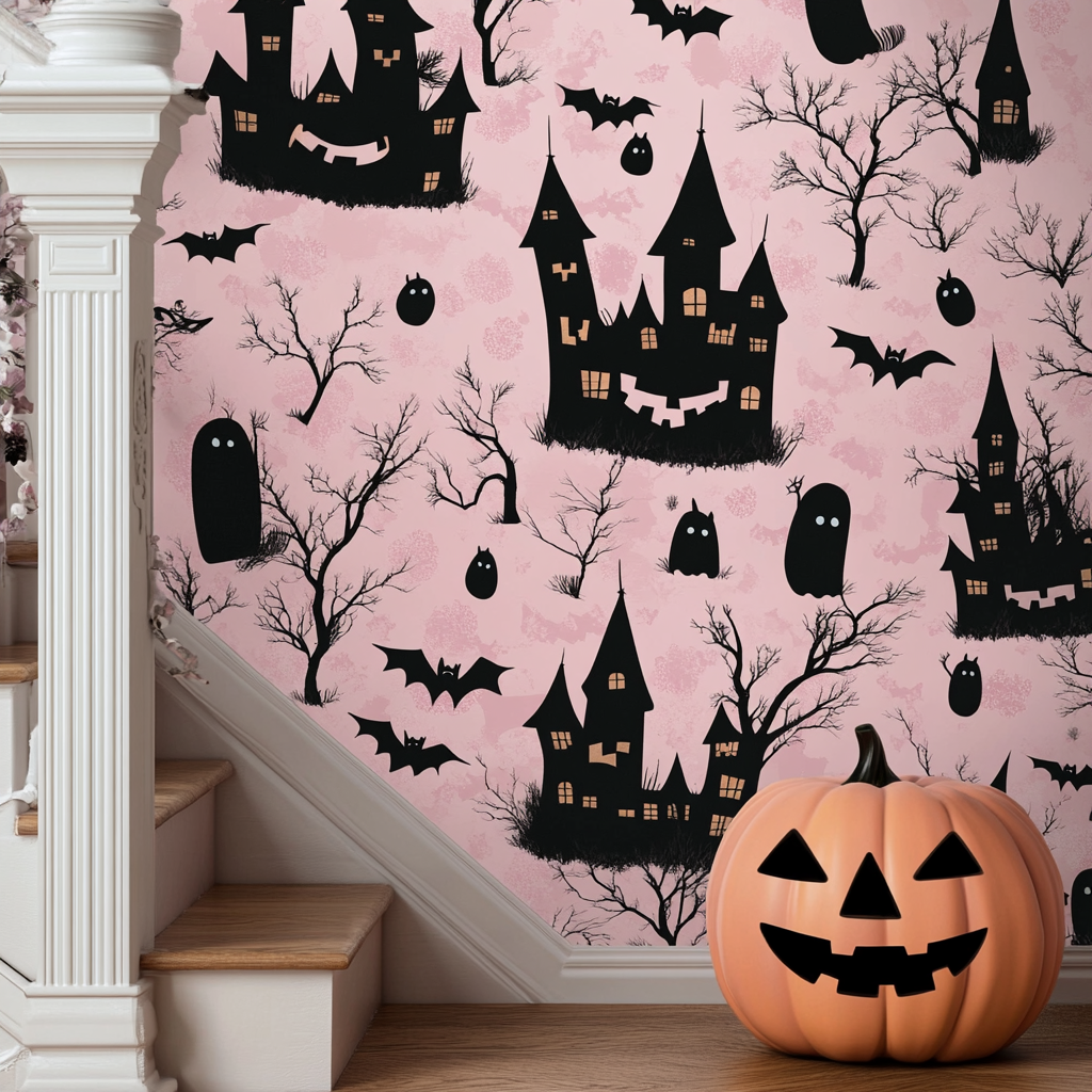 Halloween themed pastel pattern with bats, pumpkins & ghosts