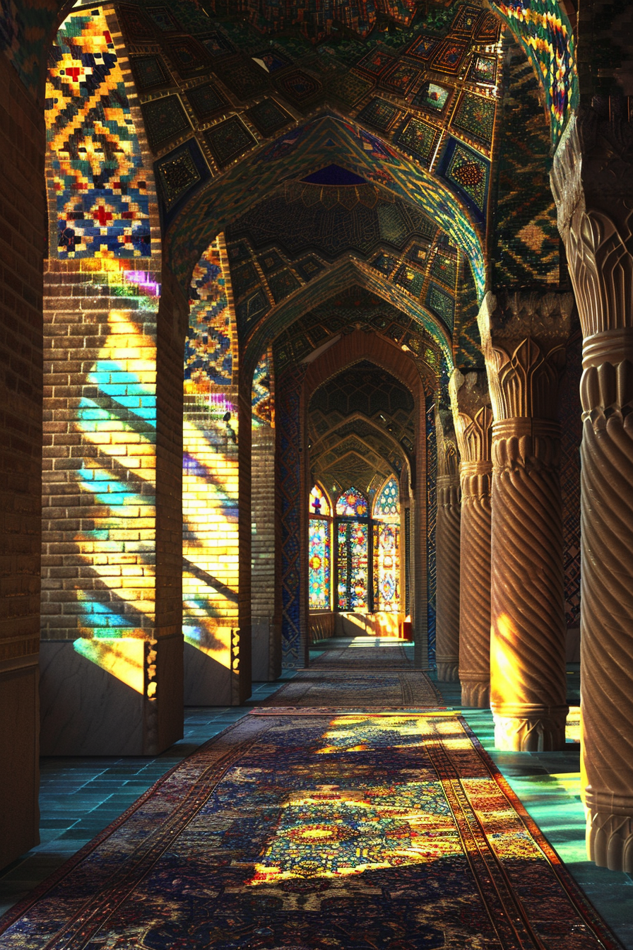 Hallway inside historical Iranian mosque with colorful stained-glass windows.