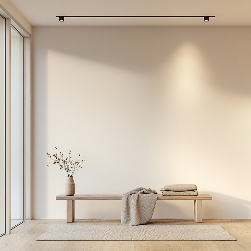 Hallway scene with large white wall, wooden bench, rug.