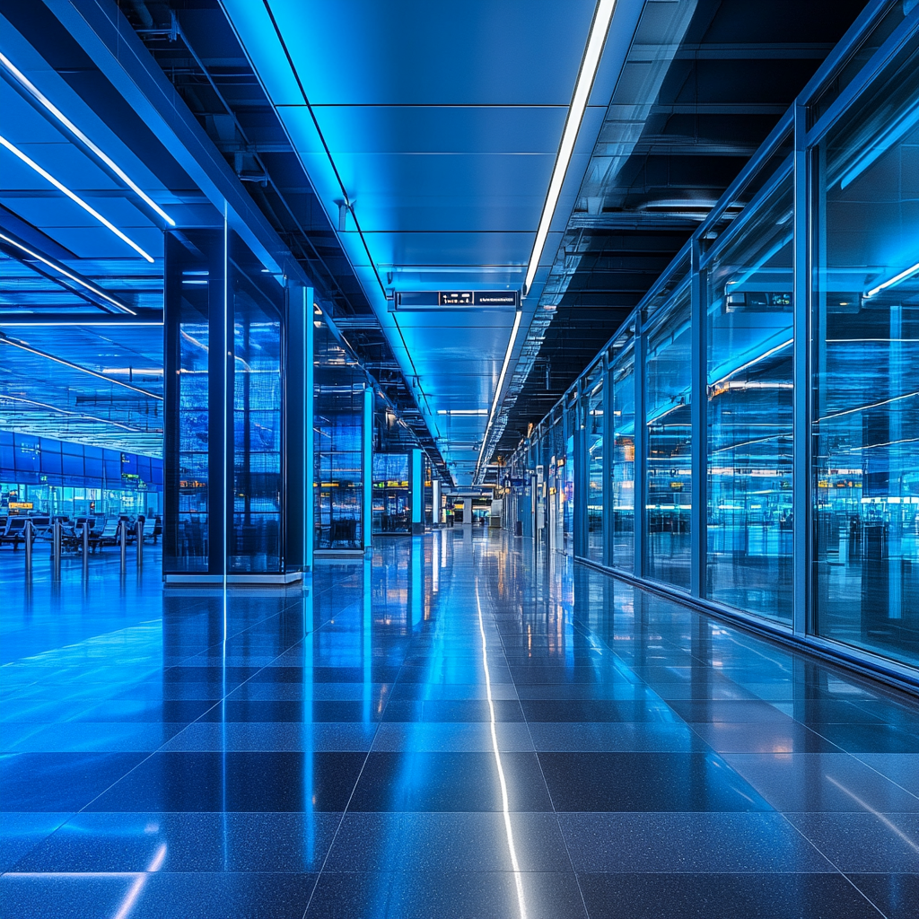 Hamburg Airport, neon lights reflect on shiny architecture.