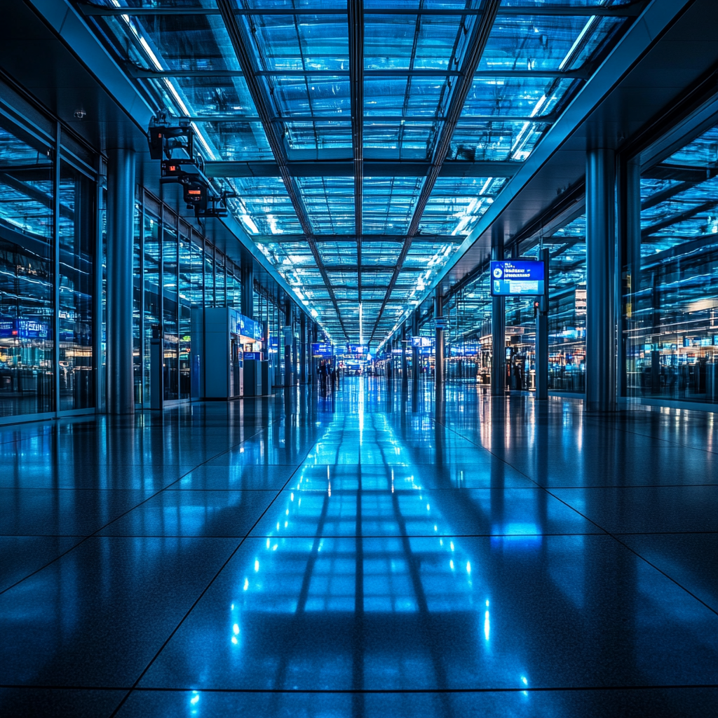 Hamburg Airport with drones, neon lights, and security patrols.