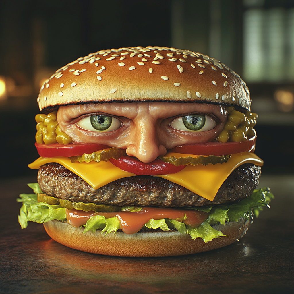 Hamburger with human face depicted in realistic setting.