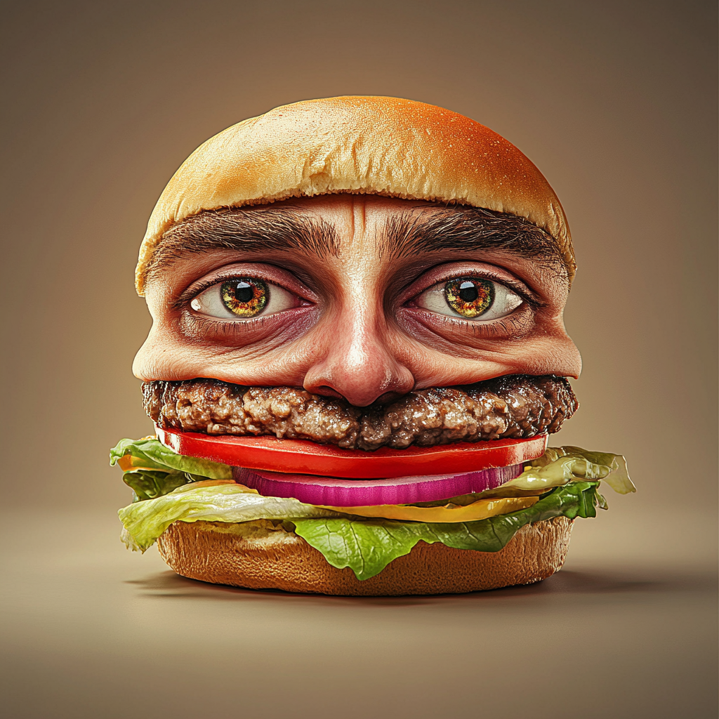 Hamburger with human face featuring expressive eyes.