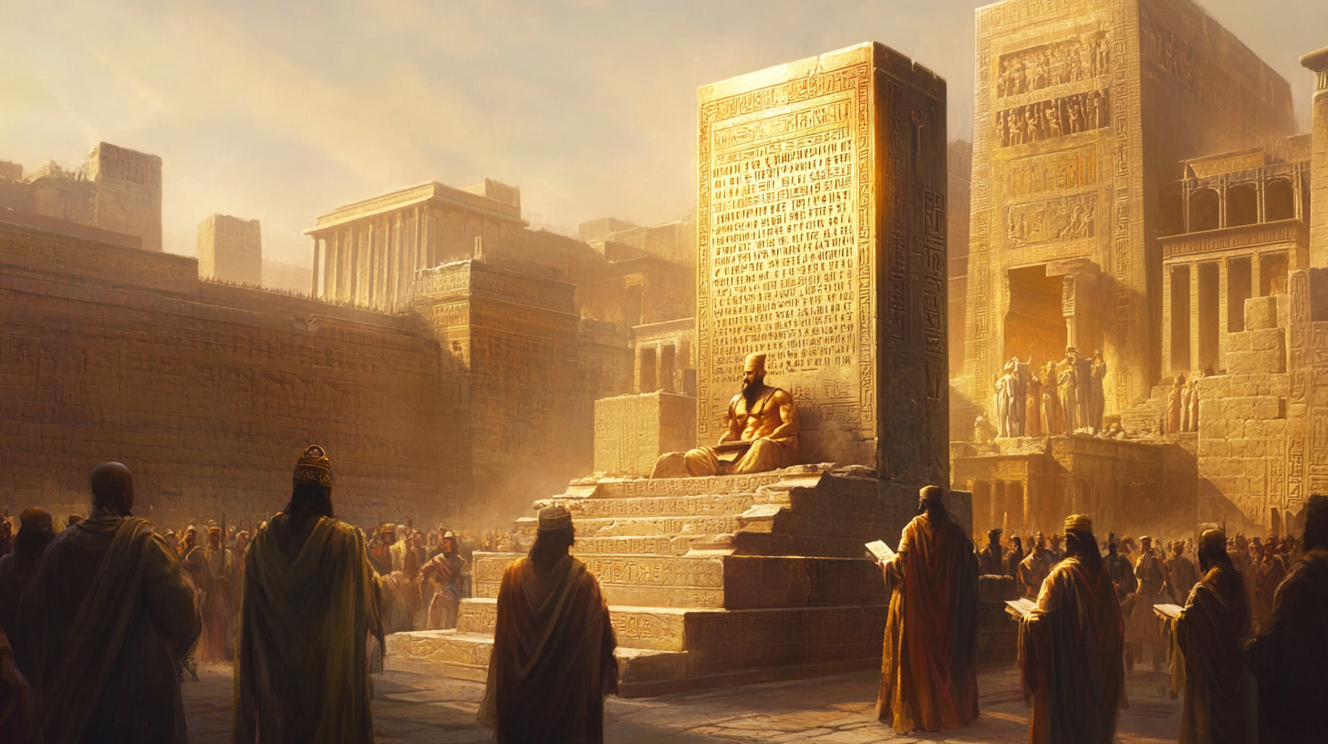 Hammurabi and Citizens in Ancient Babylonian City Center