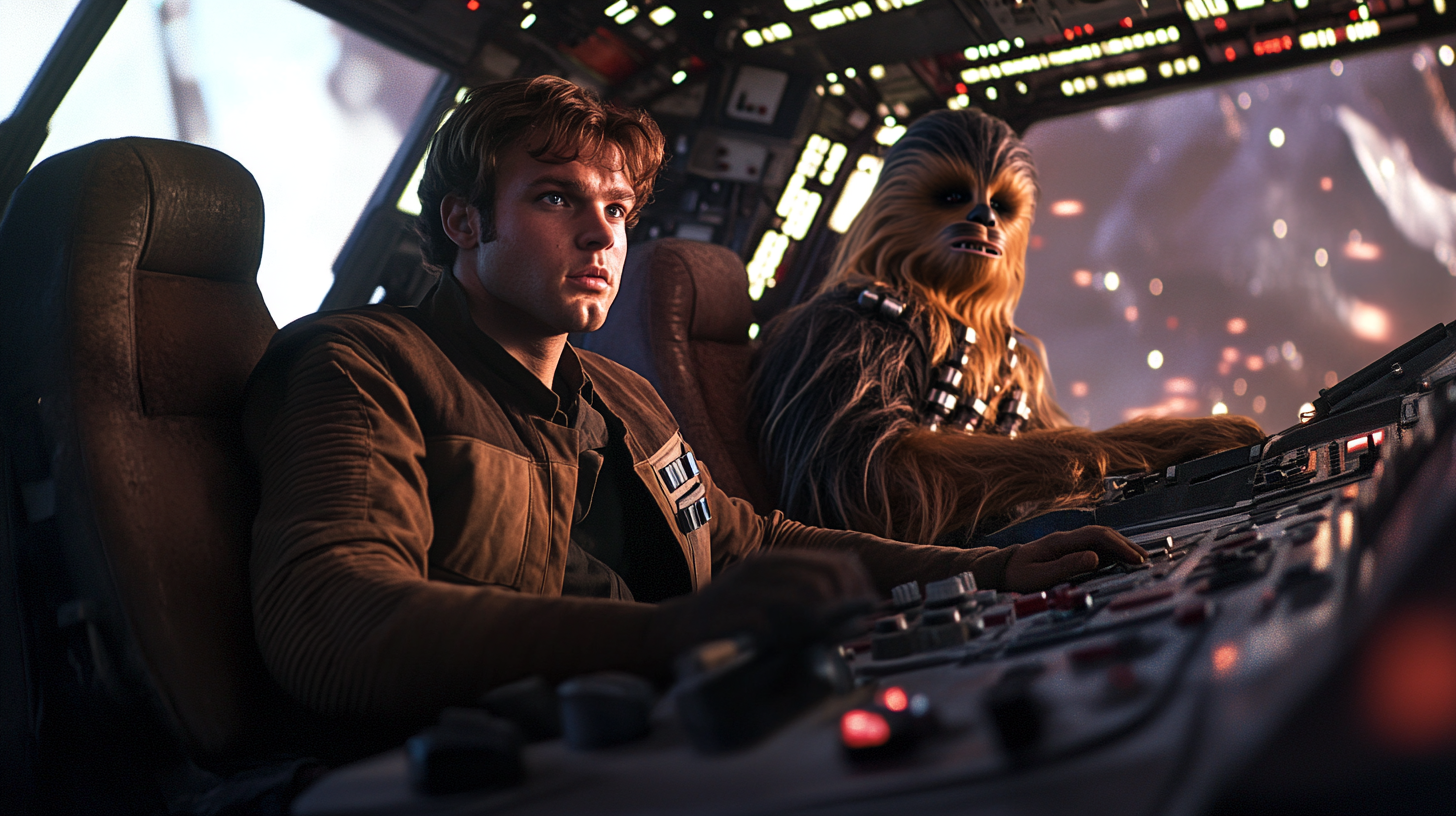 Han Solo and Chewbacca in Millennium Falcon cockpit