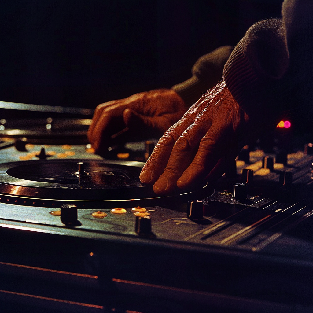 Hand adjusting 70s drum machine on black background