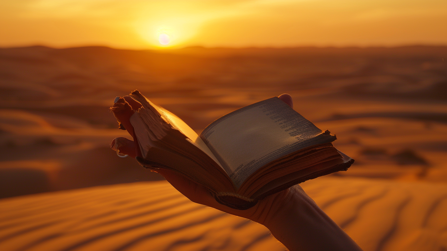 Hand balancing book, desert background, surreal lighting, cinematic tones.