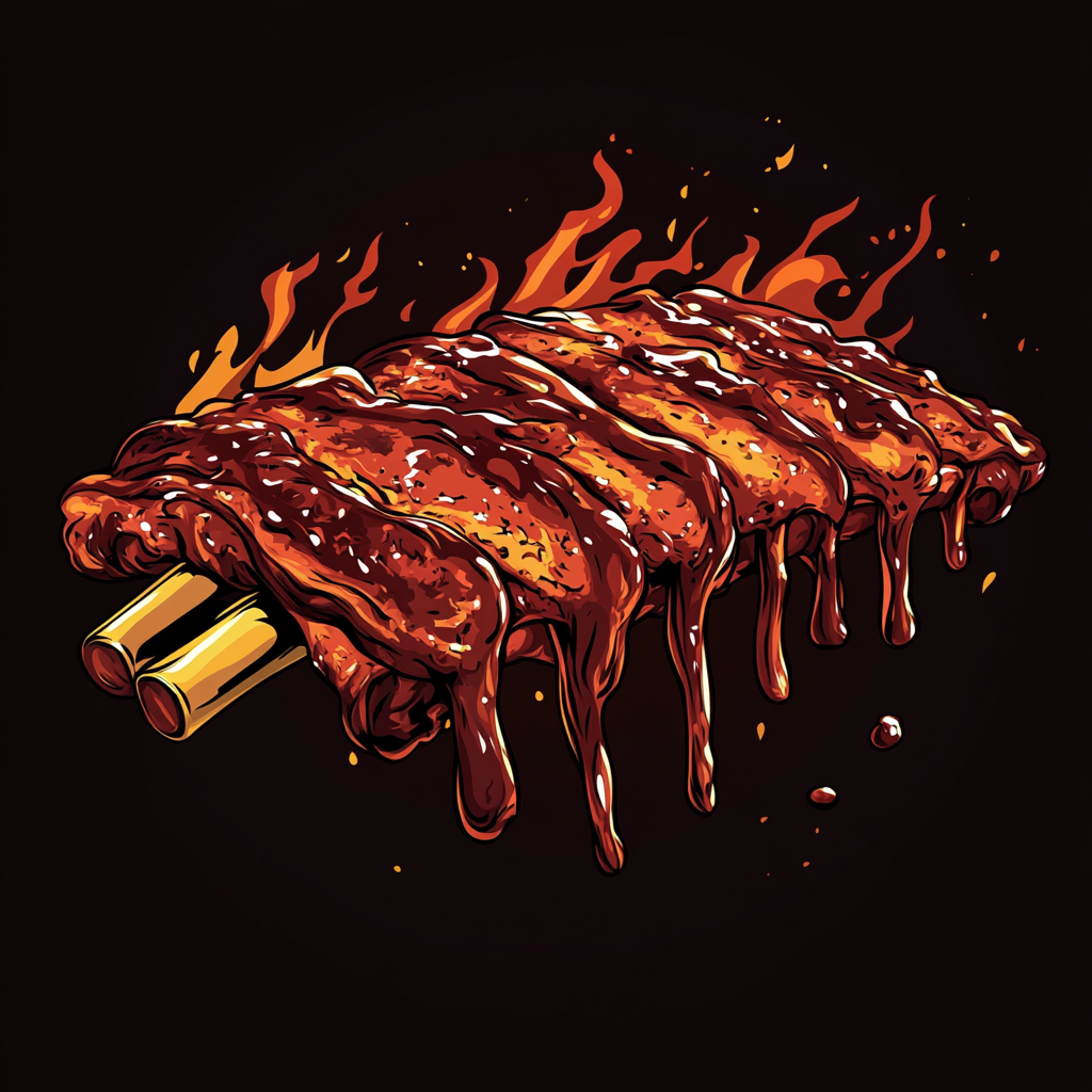 Hand drawn BBQ ribs with sauce, fire, and flames.