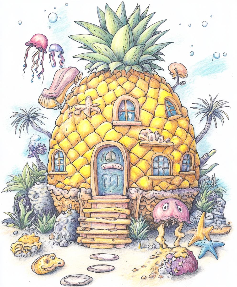 Hand-drawn Spongebob pineapple house in colorful Nickelodeon style.