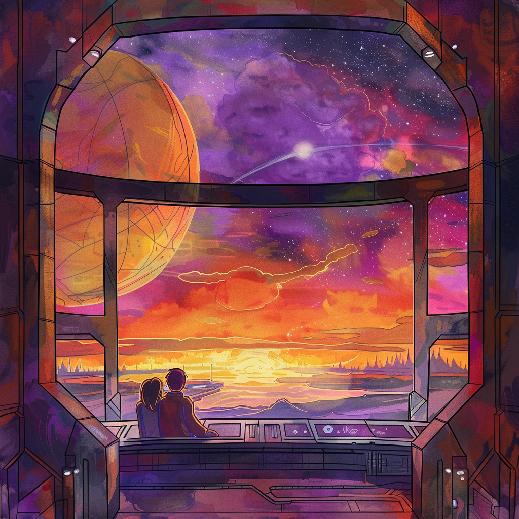 Hand-drawn Watercolour Space Sunset with Lego Couple