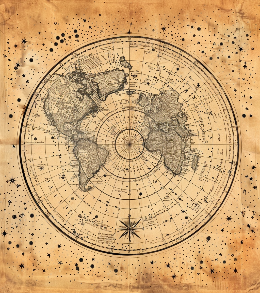 Hand-drawn circle world map with stars and symbols.