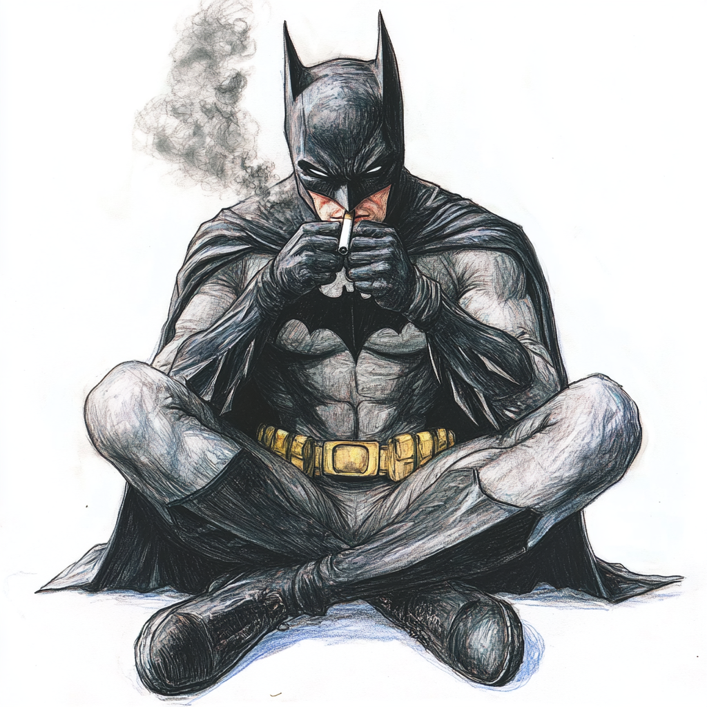 Hand drawn colored pencil Batman smoking, messy art.