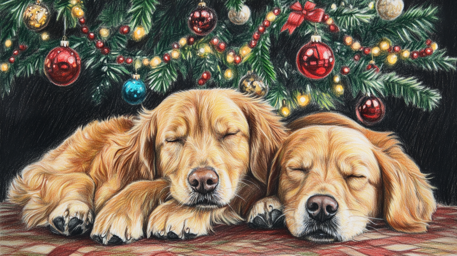 Hand drawn detailed picture of happy dogs at Christmas.