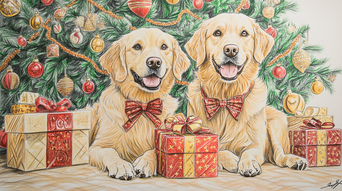 Hand drawn detailed picture of two happy dogs.