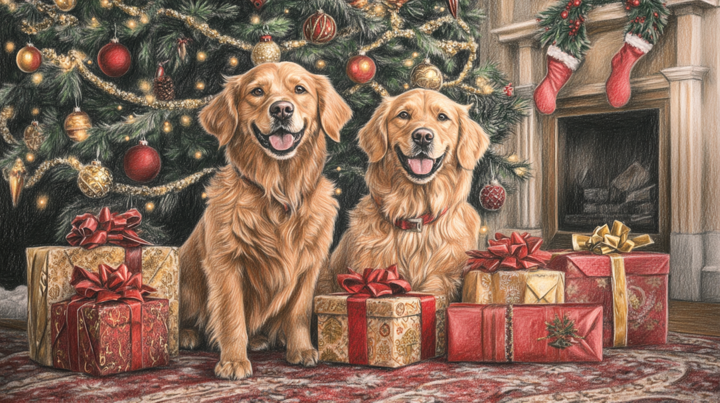 Hand-drawn detailed picture of two happy golden retrievers.