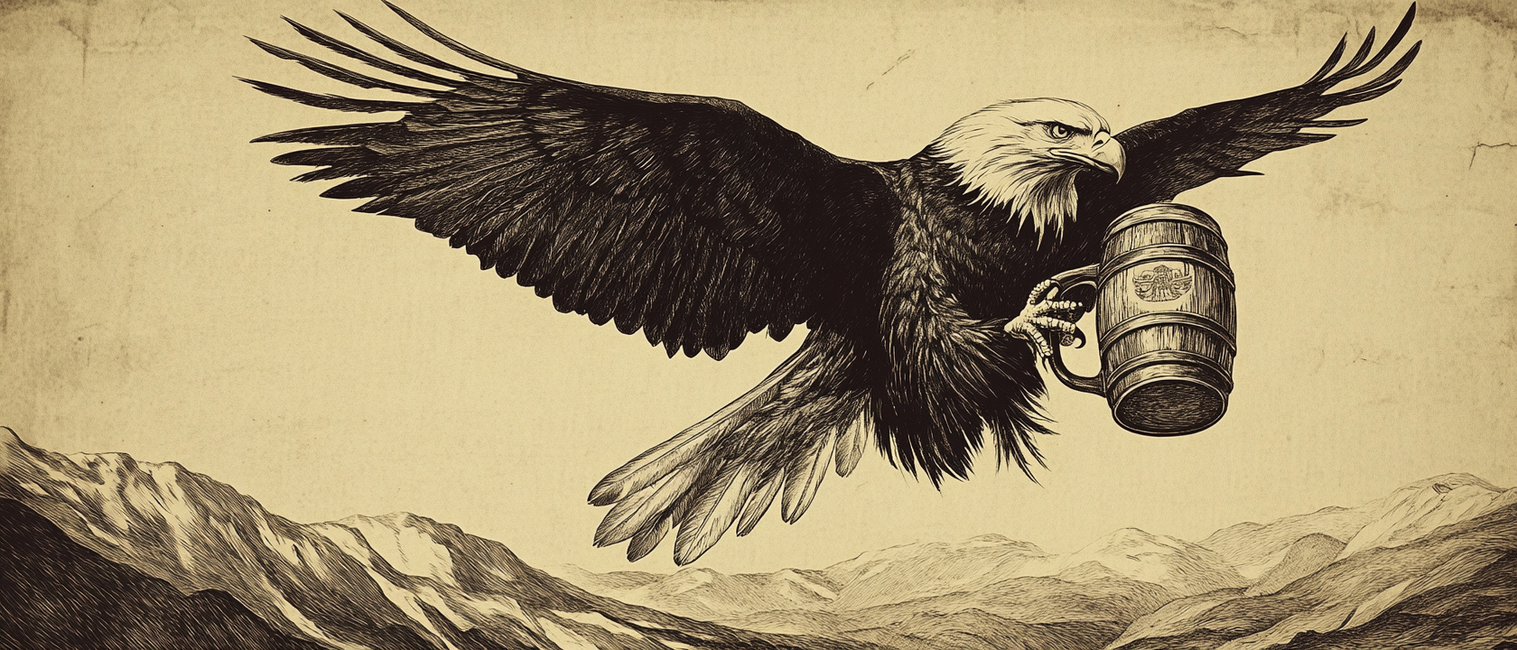 Hand drawn engraving of bald eagle holding stein.