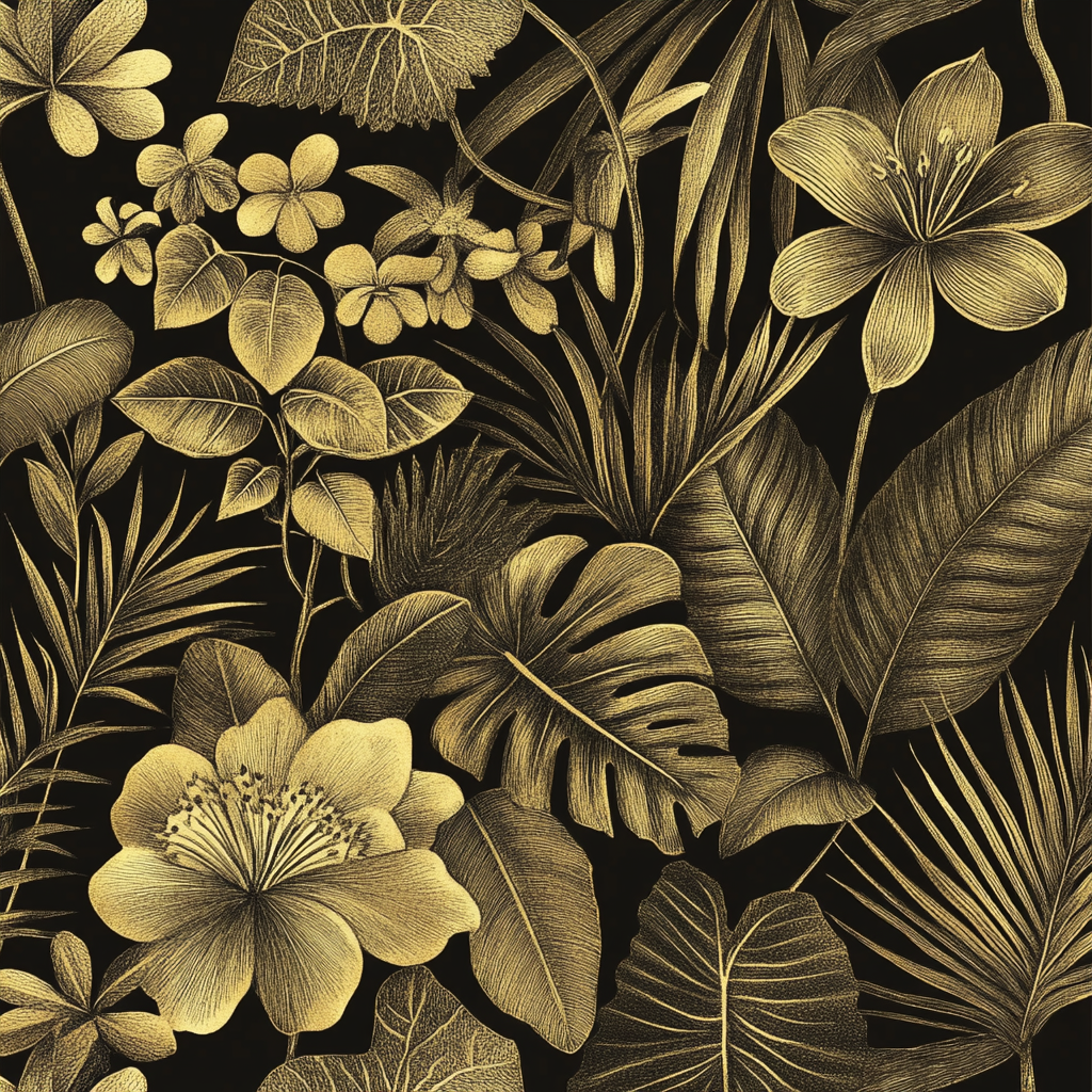 Hand-drawn gold on black wallpaper with tropical plants.