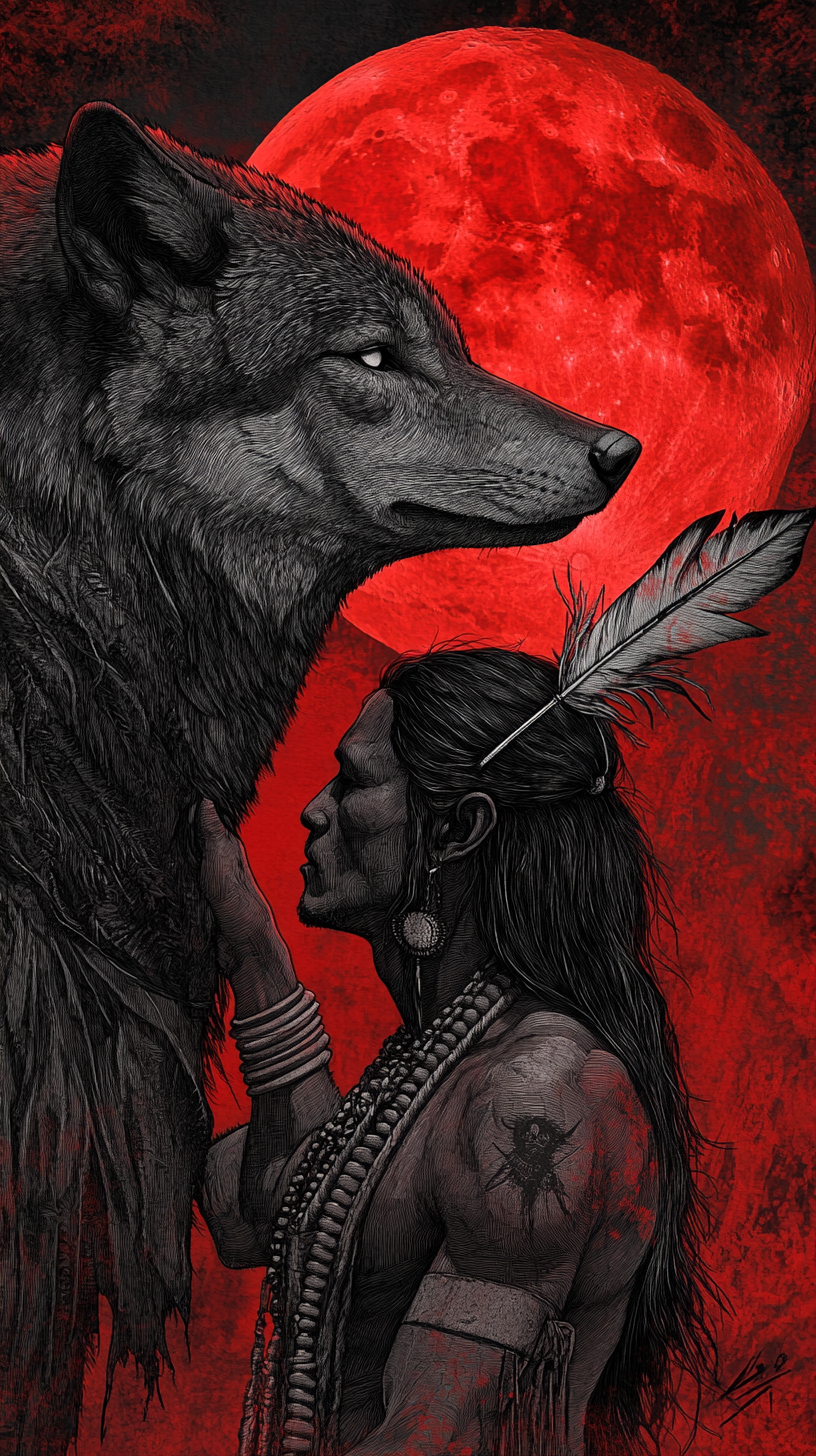 Hand drawn image of native Brazilian man with wolf.