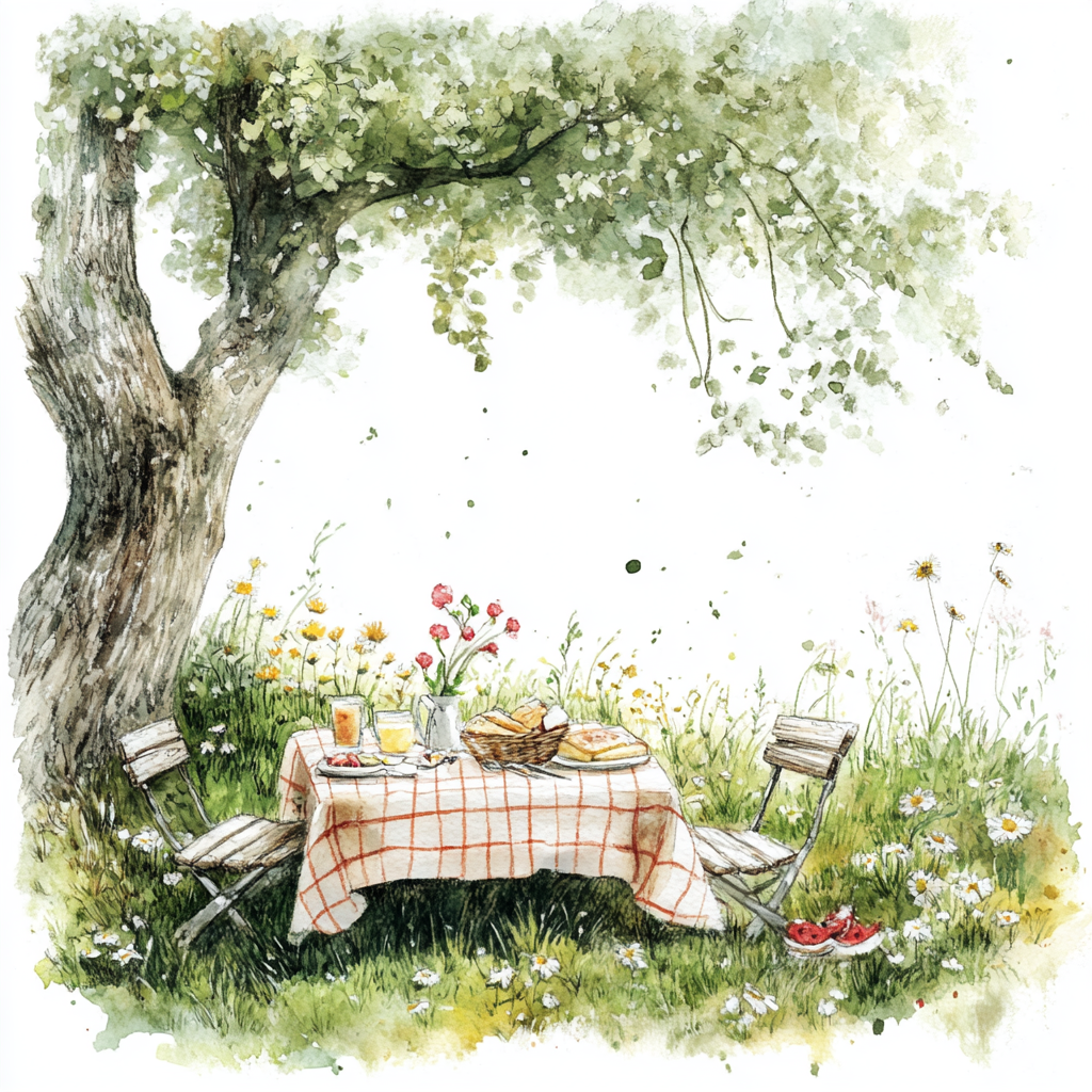 Hand-drawn picnic scene in Sarah Kay style; detailed, romantic.