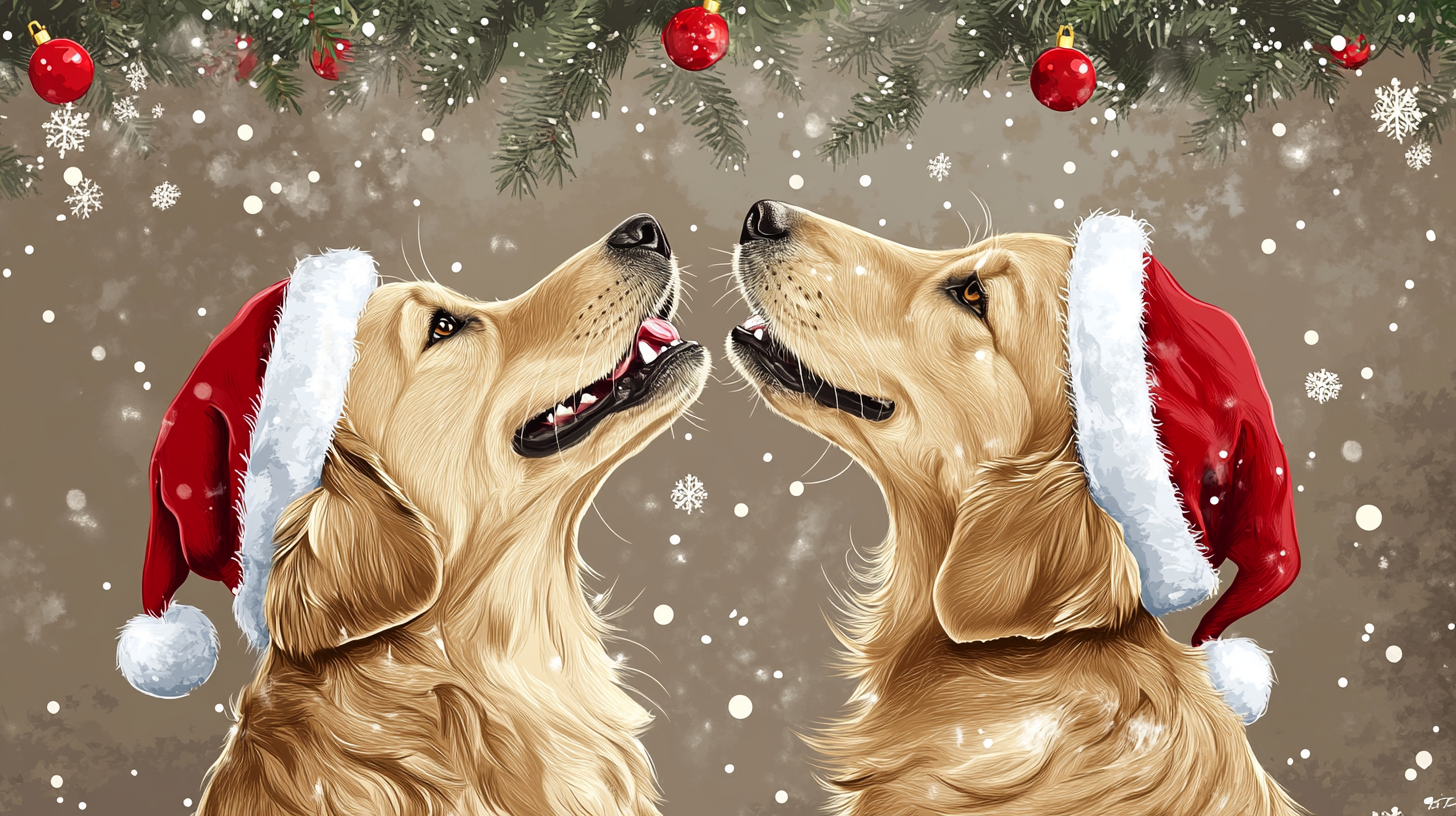 Hand drawn picture of two happy dogs at Christmas.