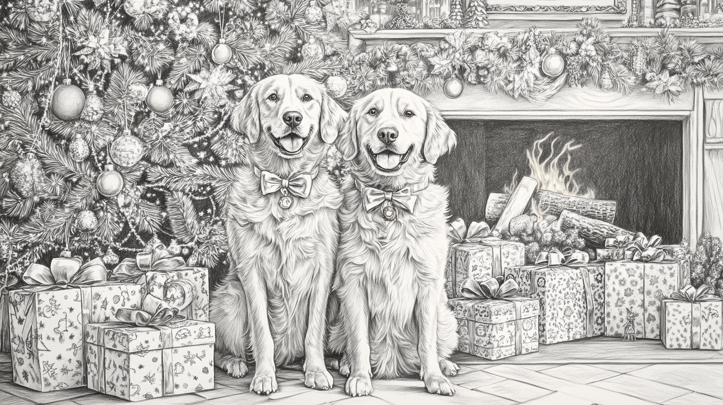 Hand-drawn picture of two happy golden retrievers at Christmas.