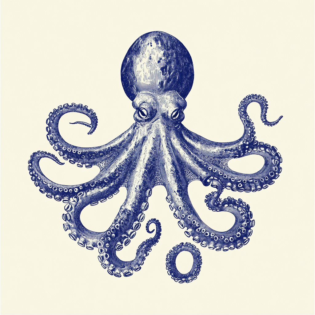 Hand-drawn vintage octopus illustration in blue ink.