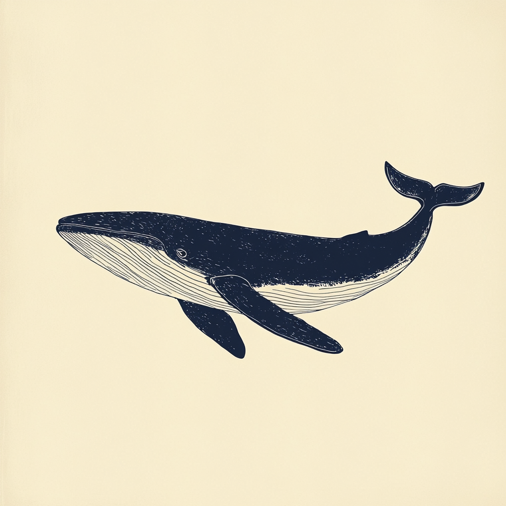 Hand-drawn vintage postcard of whale in blue ink.