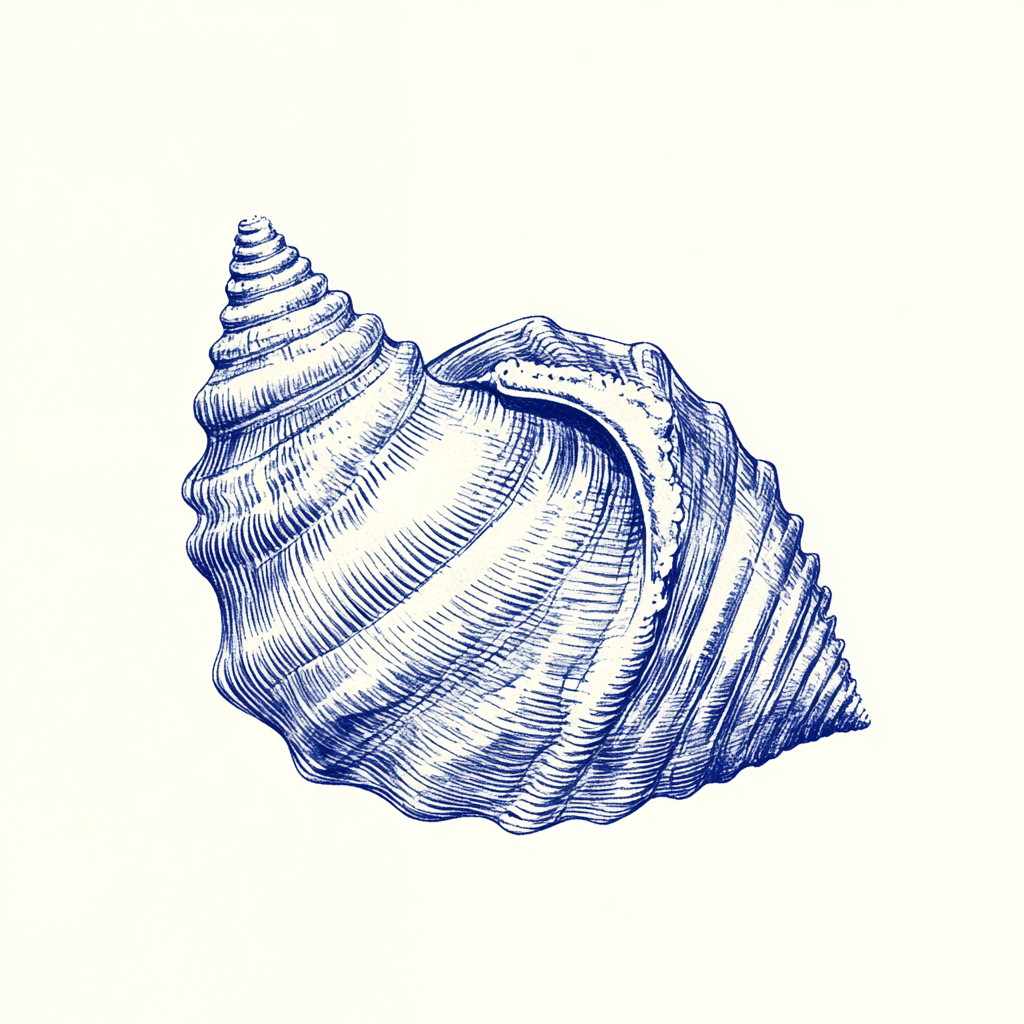 Hand-drawn vintage postcard style blue ink shell illustration.