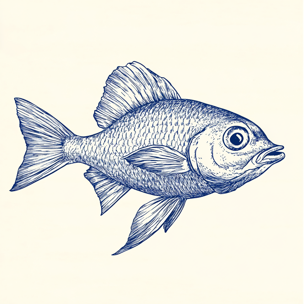 Hand-drawn vintage postcard style fish illustration in blue.