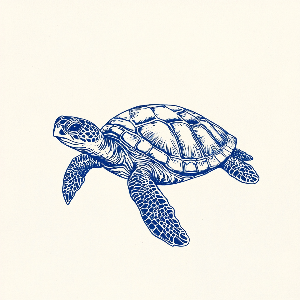 Hand-drawn vintage postcard style turtle illustration in blue.