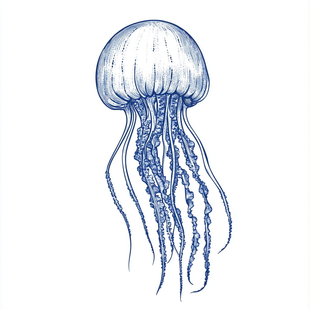 Hand-drawn vintage-style blue ink jellyfish illustration.