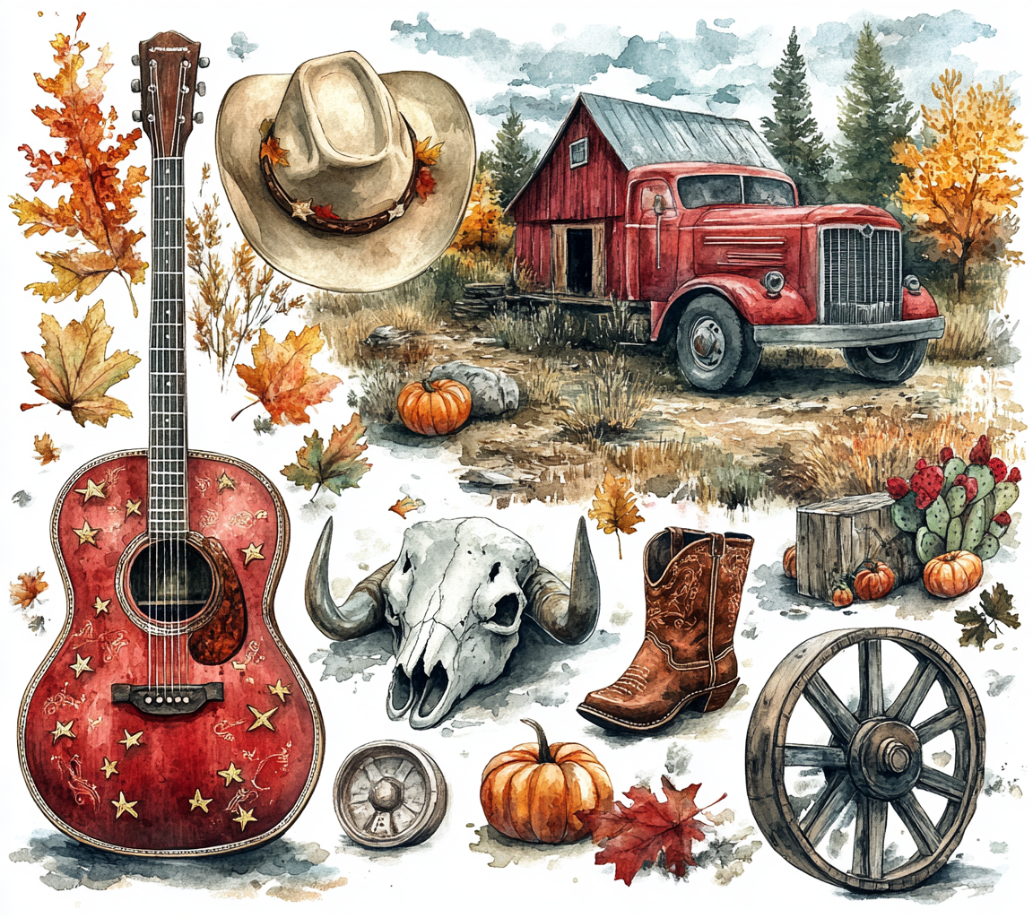 Hand drawn watercolor illustration of fall and western elements