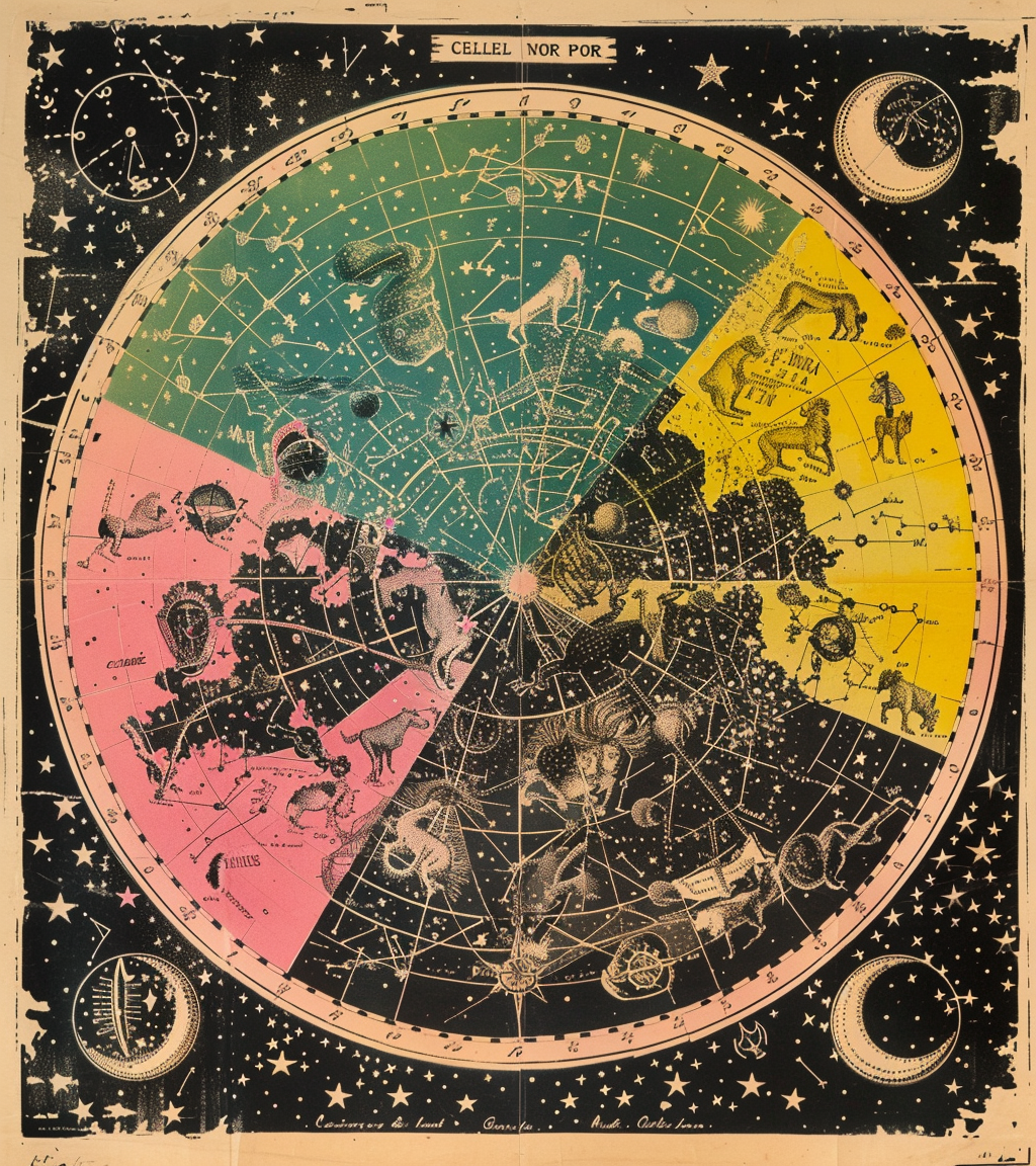 Hand-drawn world map with colorful constellations and animals.