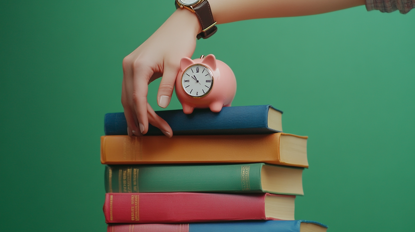 Hand dropping coin into piggy bank on books.