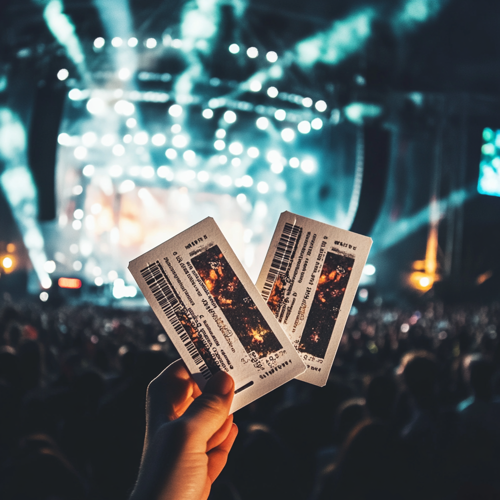 Hand holding concert tickets in front of stage crowd.