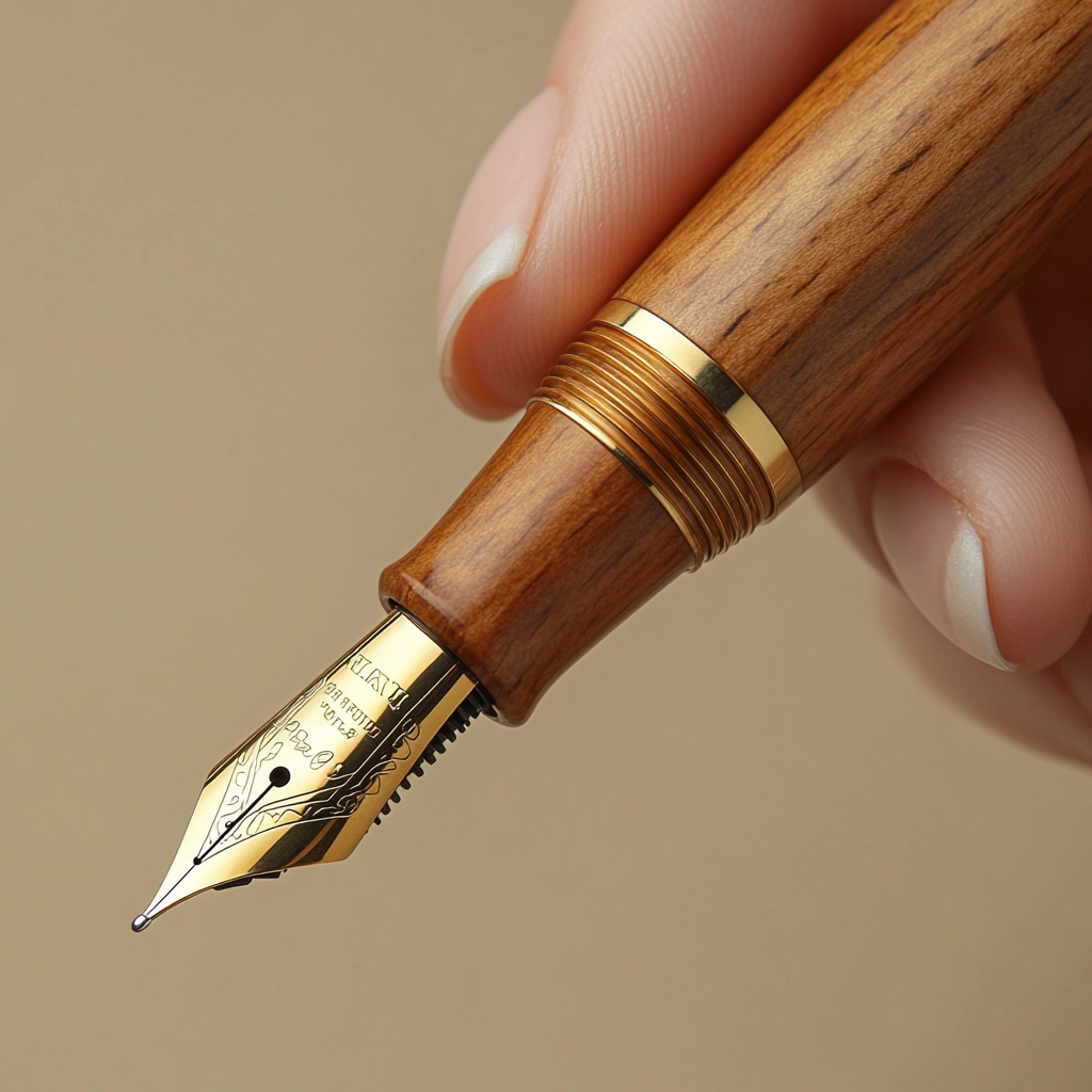 Hand holding elegant wooden fountain pen on gold tip.