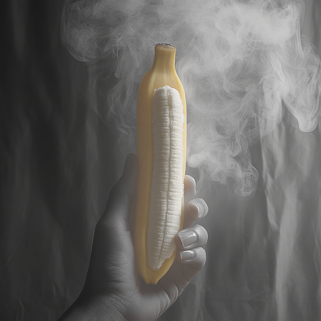 Hand holding half-peeled banana, smoke, greyscale, yellow, bright.