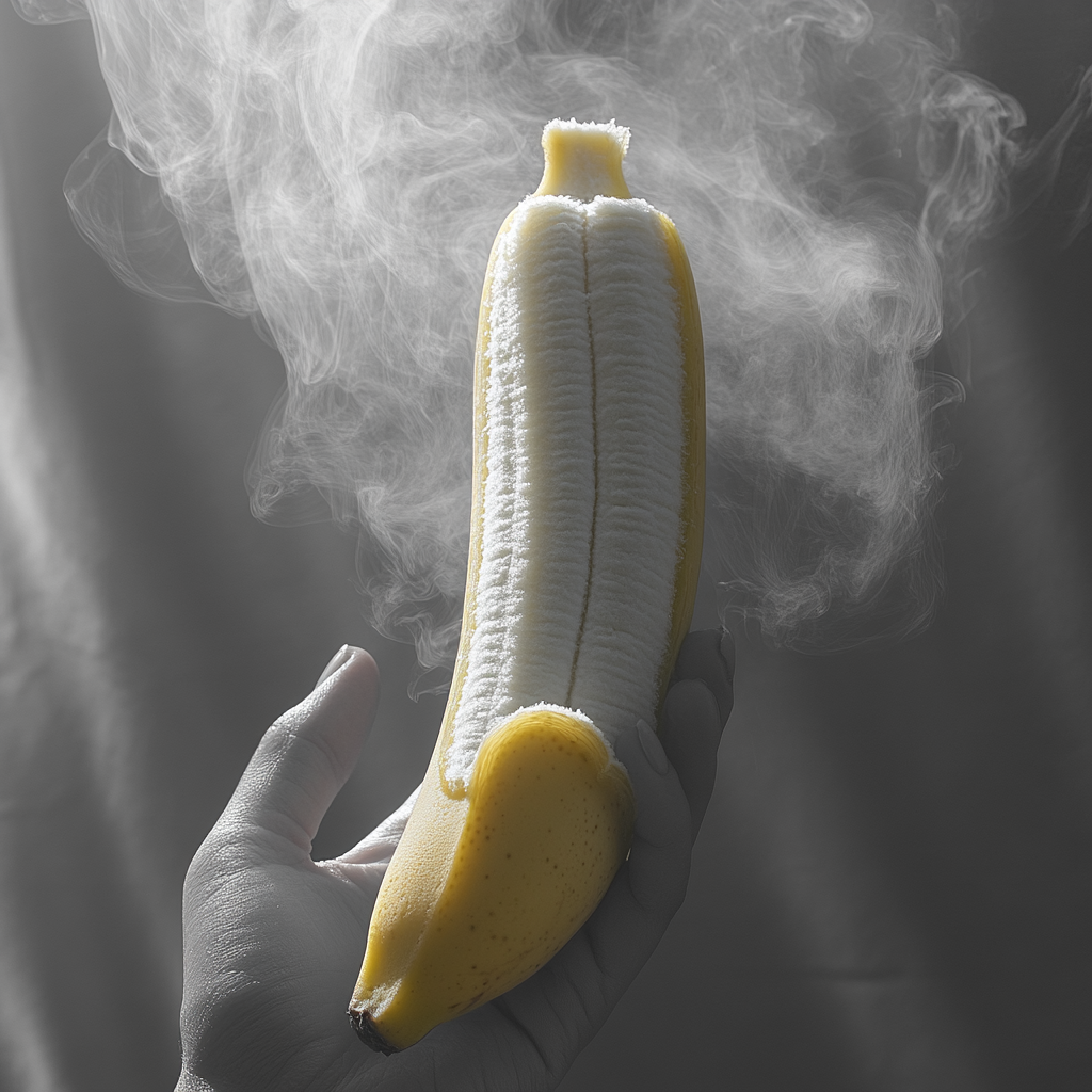 Hand holding half-peeled banana, smoke smell visible. Greyscale hand, yellow banana peel.