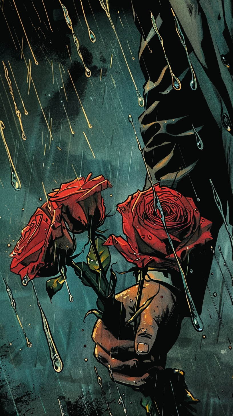 Hand holding red roses in rain at funeral scene.