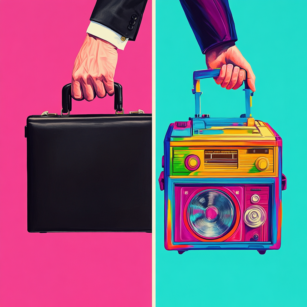 Hand holds black briefcase and retro boombox