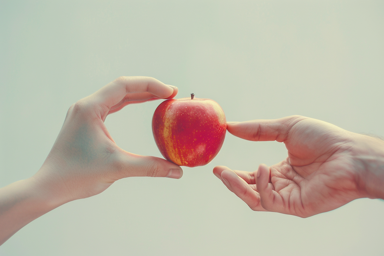 Hand offering apple symbolizes health education, promotion.