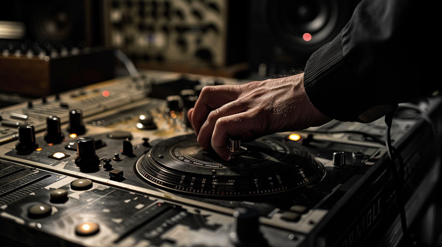 Hand operating vintage drum machine on black background