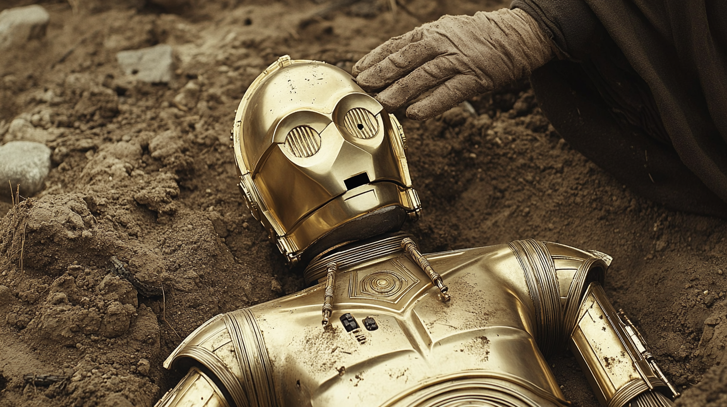 Hand over C3PO's heart comfort. Star Wars scene. 