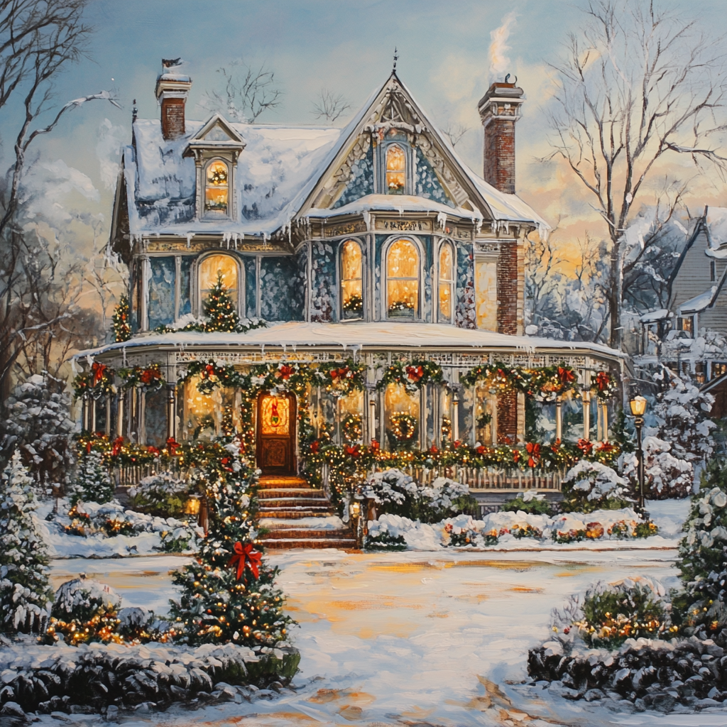 Hand painted Christmas portrait of Victorian style home.