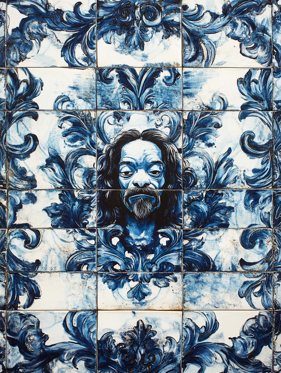 Hand-painted blue and white tile with snoop dog.