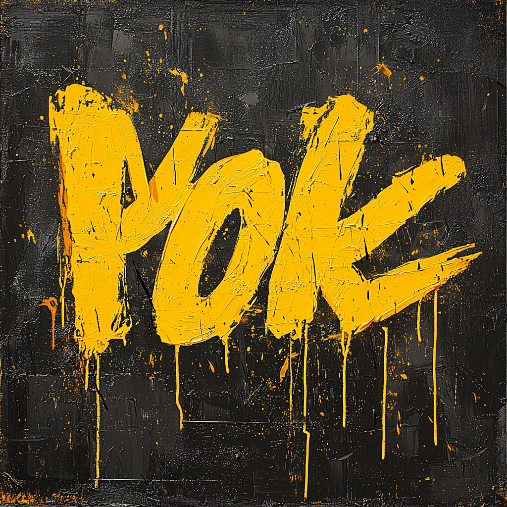 Hand-painted bold letters on black background with yellow text.