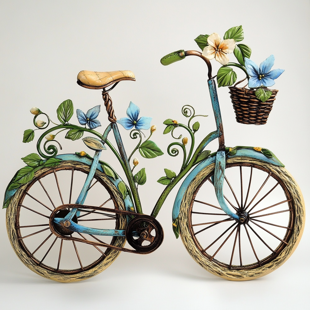 Hand-painted floral bicycle decoration with butterflies and lantern basket.