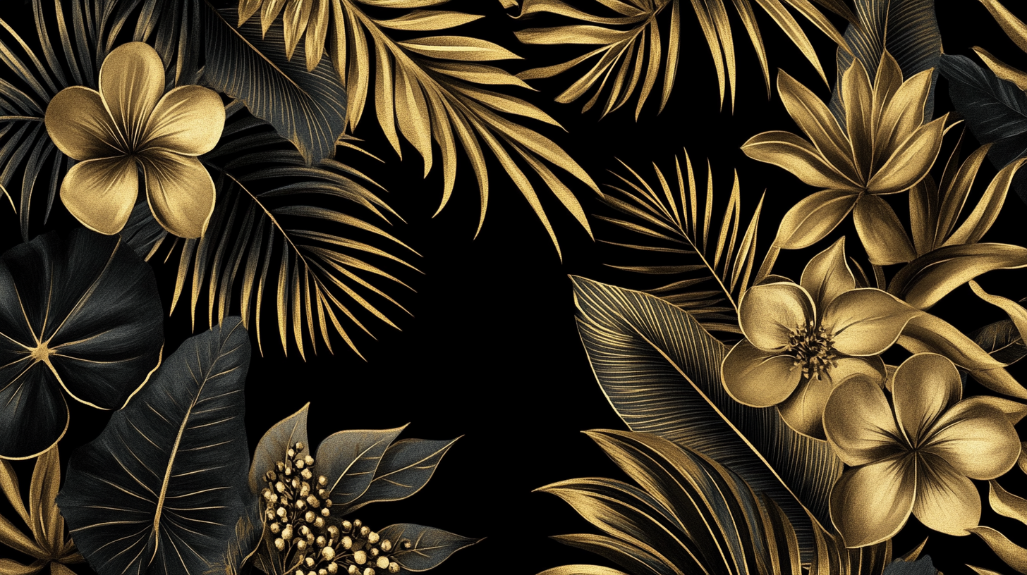 Hand-painted metallic gold on black wallpaper with tropical flowers.