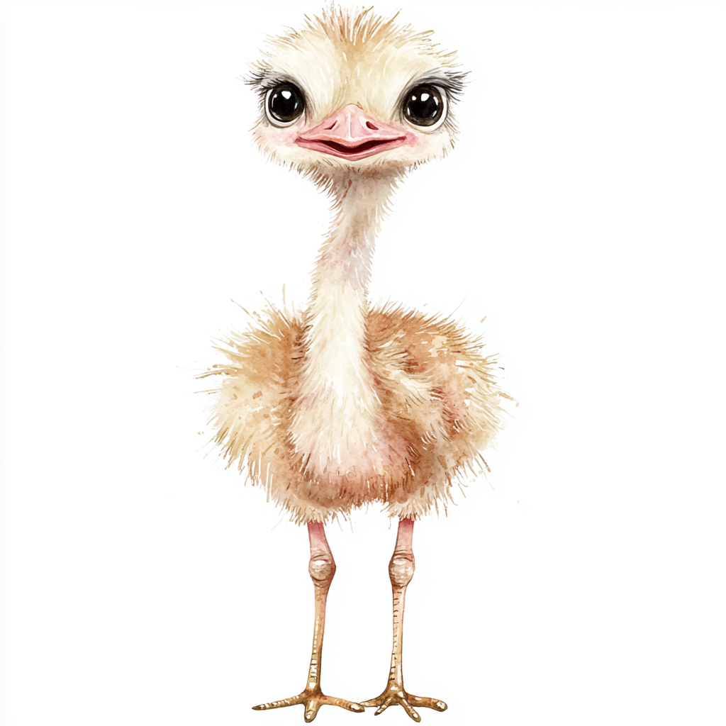 Hand painted watercolor baby ostrich with pastel colors smile.